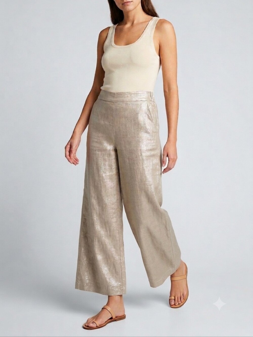 Rachel Zoe Champagne Metallic 100% Linen Wide Leg Pants Medium Boho Quiet Luxury